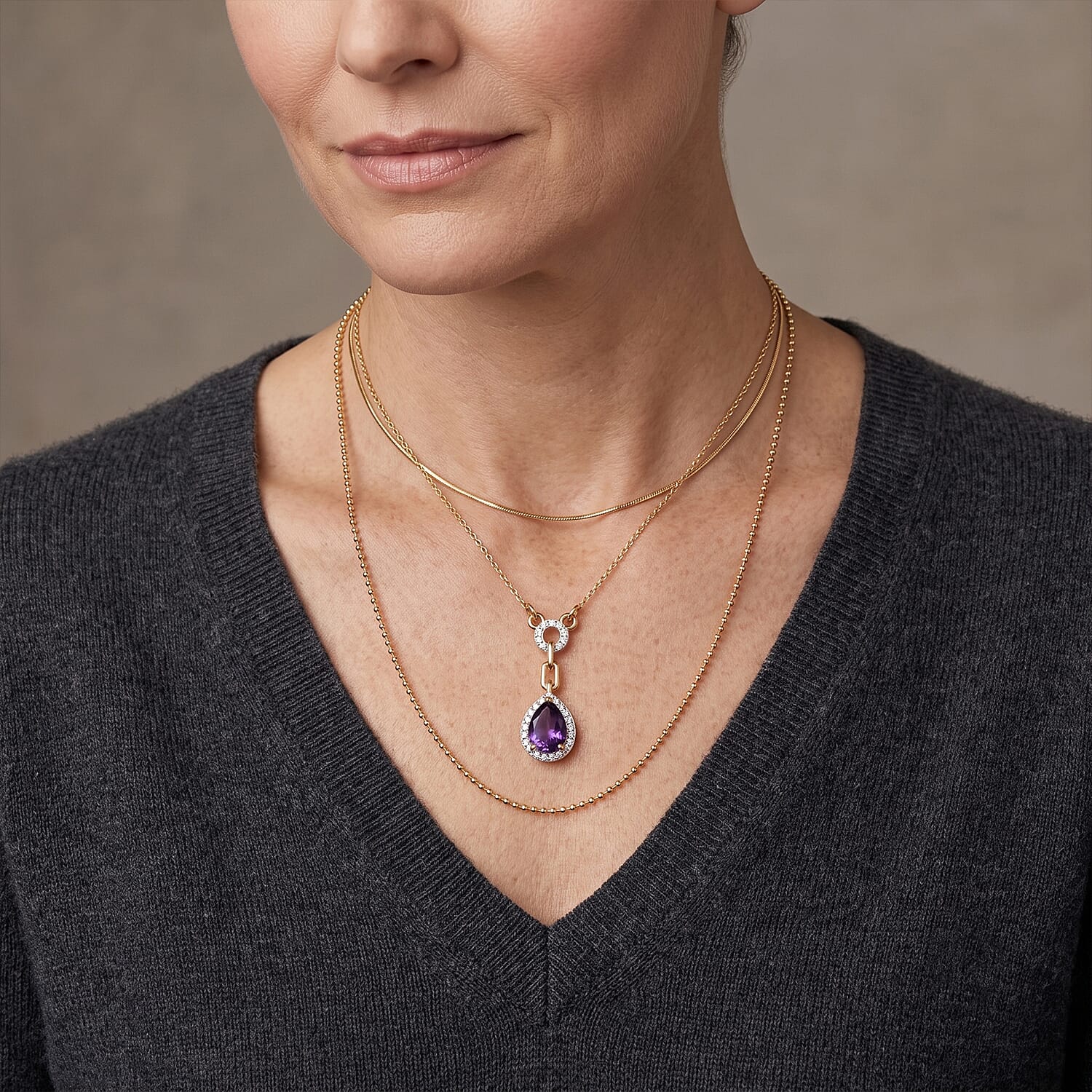 D'Joy - Moroccan Amethyst & White Zircon Necklace (Size - 20) in Yellow Gold Plated Sterling Silver 1.36 Ct.