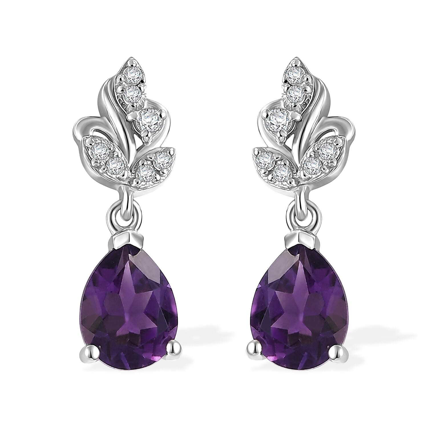 D'Joy - Moroccan Amethyst & White Zircon Dangling Earring with Push Post in Platinum Overlay Sterling Silver 2.20 Ct.