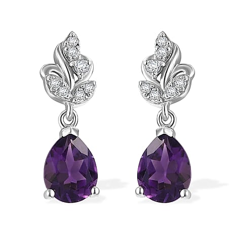 D'Joy - Moroccan Amethyst & White Zircon Dangling Earring with Push Post in Platinum Overlay Sterling Silver 2.20 Ct.