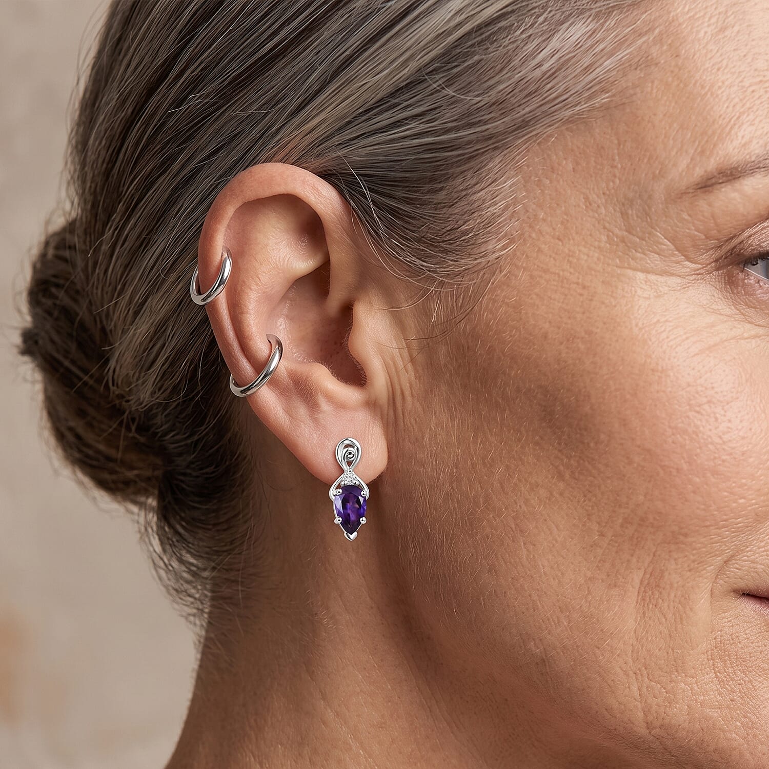 D'Joy - Moroccan Amethyst & White Zircon Earring with Push Post in Platinum Overlay Sterling Silver 1.70 Ct.
