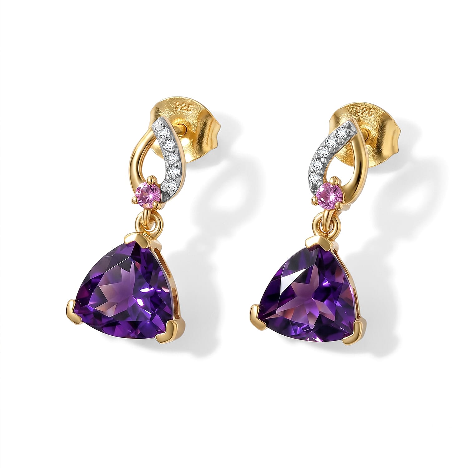 D'Joy - Moroccan Amethyst, Rhodolite Garnet & White Zircon Dangling Earring with Push Post in Yellow Gold Plated Sterling Silver 3.70 Ct.