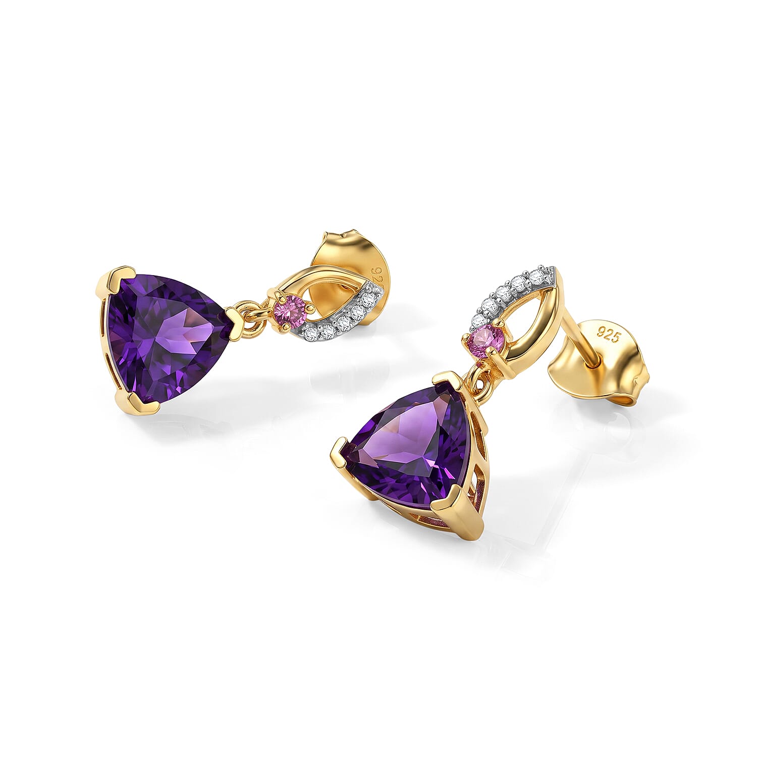 D'Joy - Moroccan Amethyst, Rhodolite Garnet & White Zircon Dangling Earring with Push Post in Yellow Gold Plated Sterling Silver 3.70 Ct.