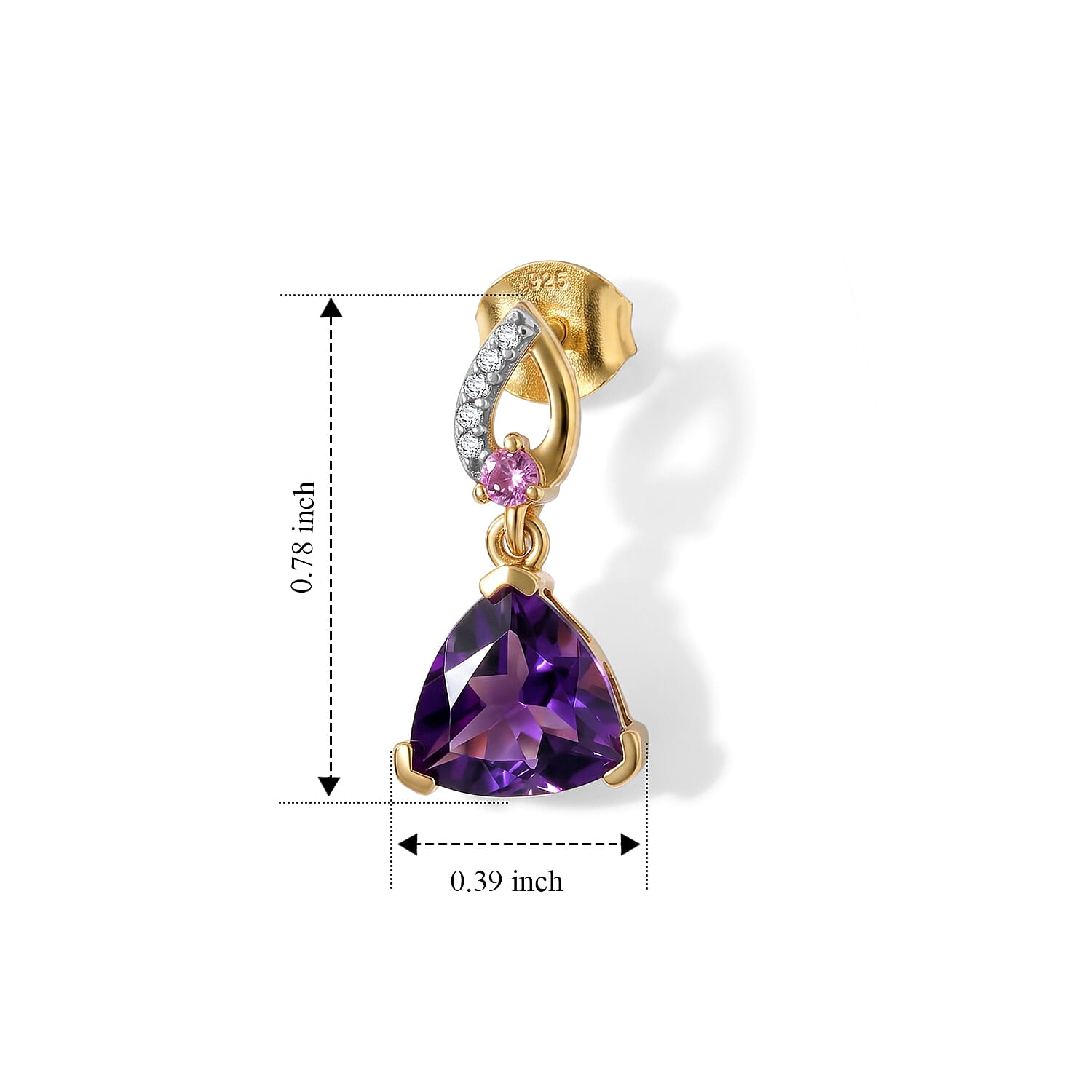 D'Joy - Moroccan Amethyst, Rhodolite Garnet & White Zircon Dangling Earring with Push Post in Yellow Gold Plated Sterling Silver 3.70 Ct.