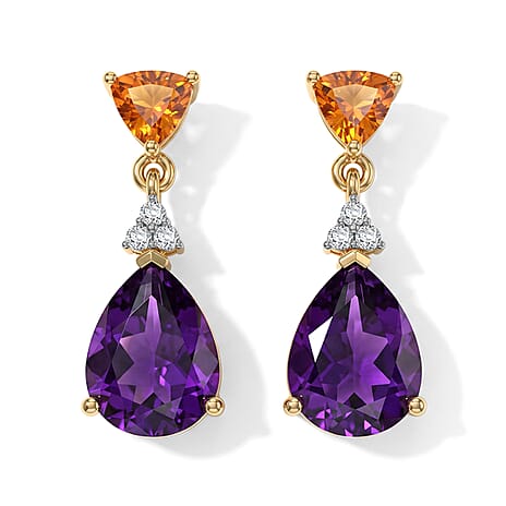 D'Joy - Moroccan Amethyst, Citrine & White Zircon Dangling Earring with Push Post in Yellow Gold Plated Sterling Silver 3.54 Ct.