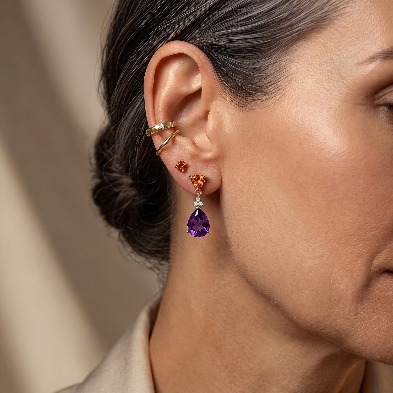 D'Joy - Moroccan Amethyst, Citrine & White Zircon Dangling Earring with Push Post in Yellow Gold Plated Sterling Silver 3.54 Ct.