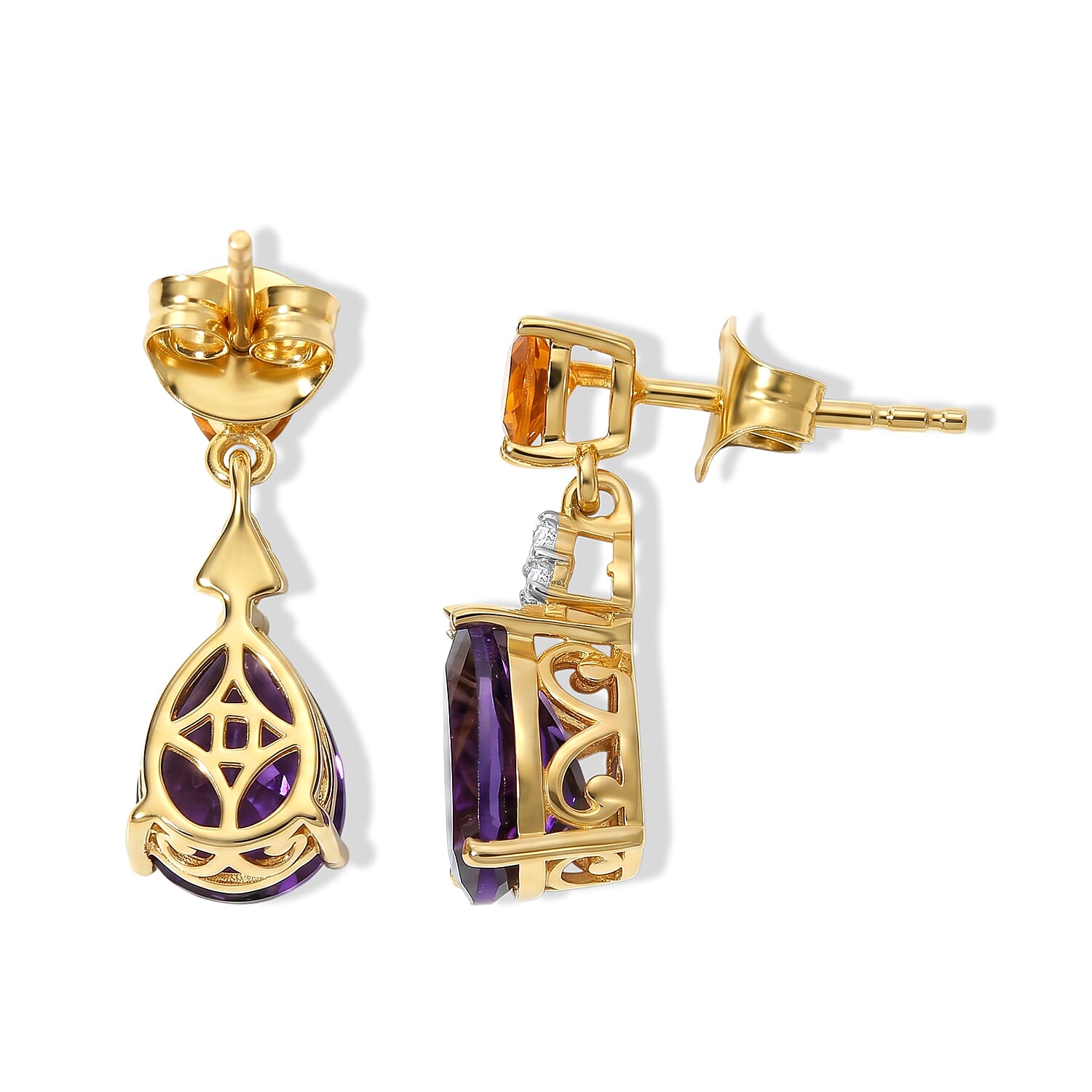 D'Joy - Moroccan Amethyst, Citrine & White Zircon Dangling Earring with Push Post in Yellow Gold Plated Sterling Silver 3.54 Ct.
