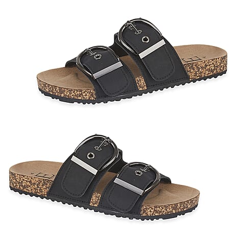 Natalia Ladies Dual Buckle Strap Cork Sandals with Textured Outsole (Size 4) - Black