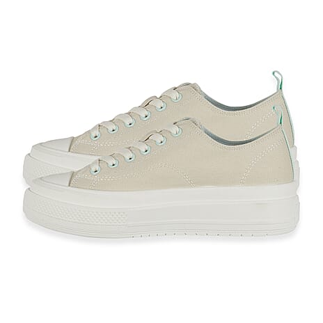 Fleur Daisy Embroidered Low-Top Lace Up Platform Trainers (Size 4) - Beige & Mint