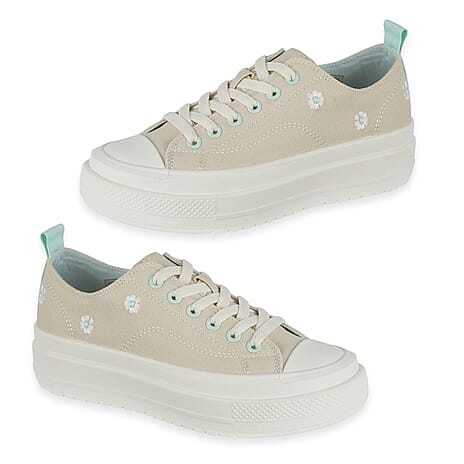 Fleur Daisy Embroidered Low-Top Lace Up Platform Trainers (Size 7) - Beige & Mint