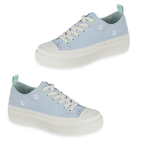 Fleur Daisy Embroidered Low-Top Lace Up Platform Trainers (Size 5) - Light Blue & Mint