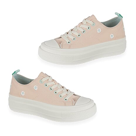 Fleur Daisy Embroidered Low-Top Lace Up Platform Trainers (Size 4) - Light Pink & Mint