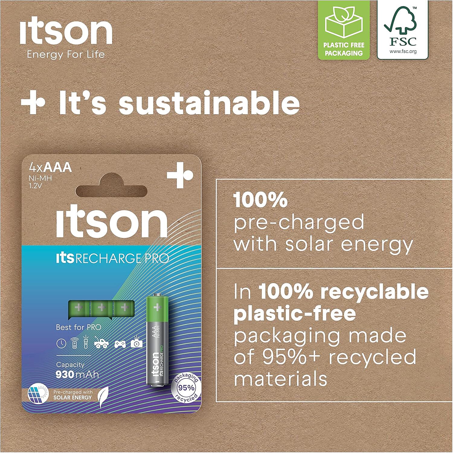 ITSON Pack of 4 - Recharge Pro AA Rechargeable Batteries - 2000mAh