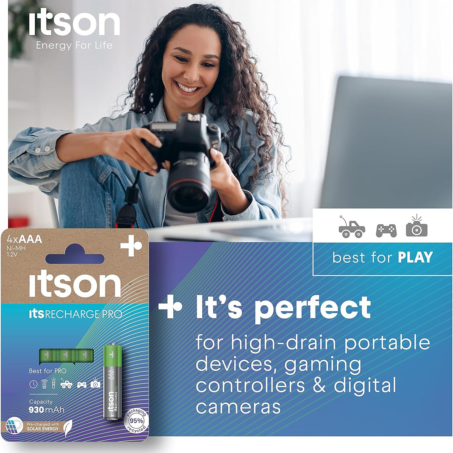 ITSON Pack of 4 - Recharge Pro AA Rechargeable Batteries - 2000mAh