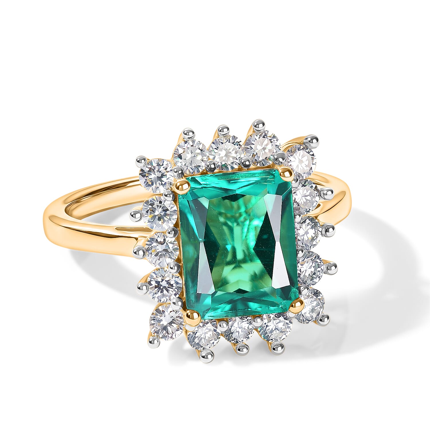 Lab Grown Colombian Emerald (2.0 Cts) & Lab Grown Diamond (SI-G-H) Halo Ring in 18K Vermeil Yellow Gold Plated Sterling Silver 2.75 Ct.