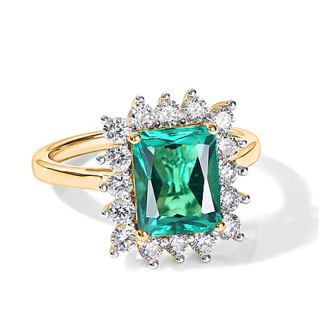 Lab Grown Colombian Emerald (2.0 Cts) & Lab Grown Diamond (SI-G-H) Halo Ring in 18K Vermeil Yellow Gold Plated Sterling Silver 2.75 Ct.