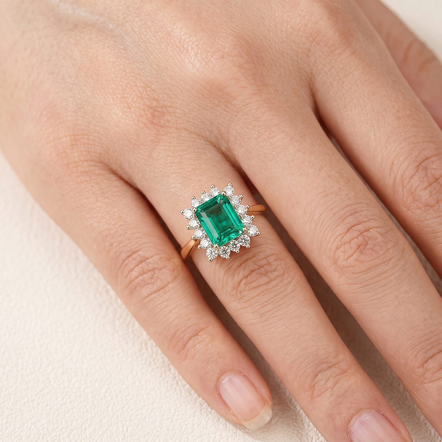 Lab Grown Colombian Emerald (2.0 Cts) & Lab Grown Diamond (SI-G-H) Halo Ring in 18K Vermeil Yellow Gold Plated Sterling Silver 2.75 Ct.
