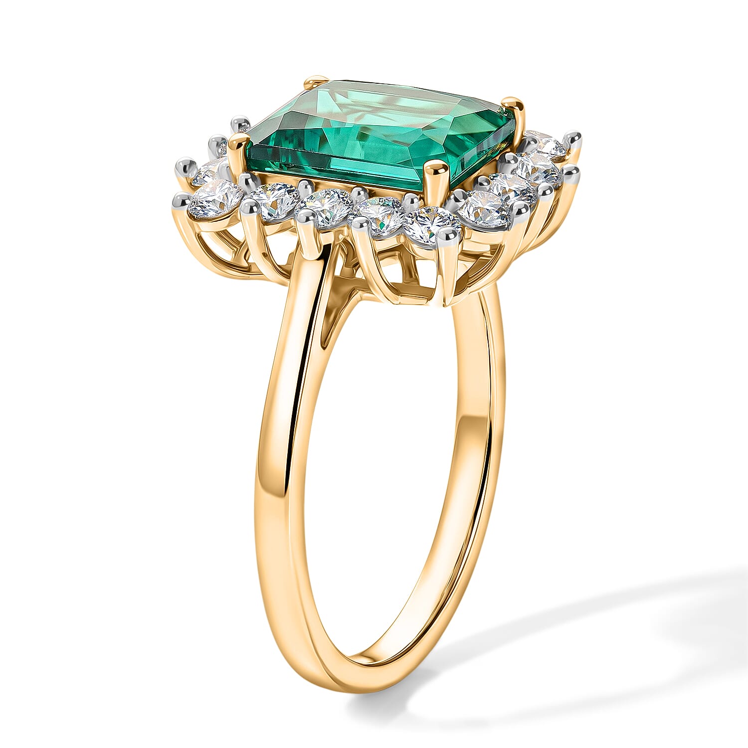 Lab Grown Colombian Emerald (2.0 Cts) & Lab Grown Diamond (SI-G-H) Halo Ring in 18K Vermeil Yellow Gold Plated Sterling Silver 2.75 Ct.