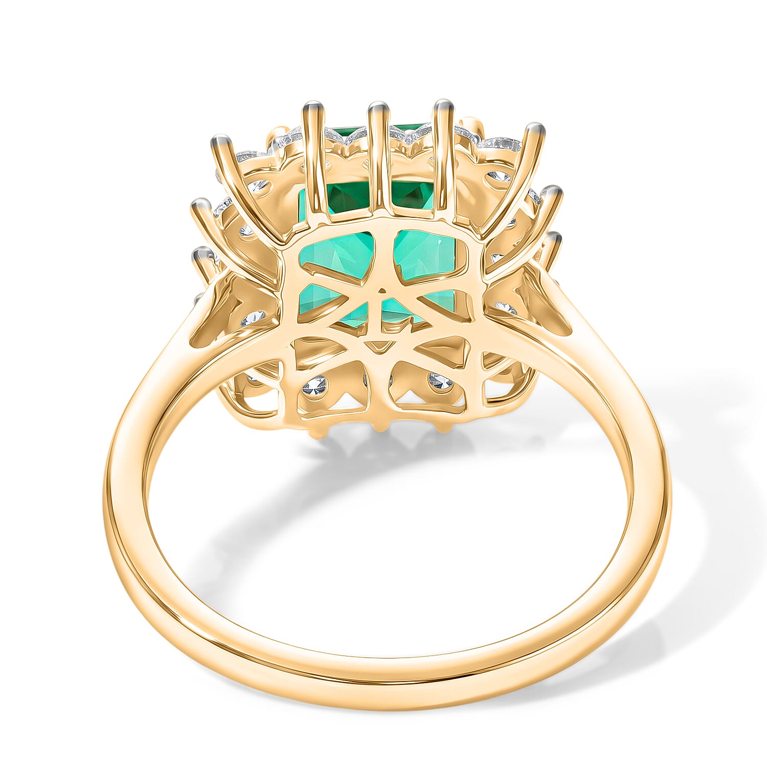 Lab Grown Colombian Emerald (2.0 Cts) & Lab Grown Diamond (SI-G-H) Halo Ring in 18K Vermeil Yellow Gold Plated Sterling Silver 2.75 Ct.