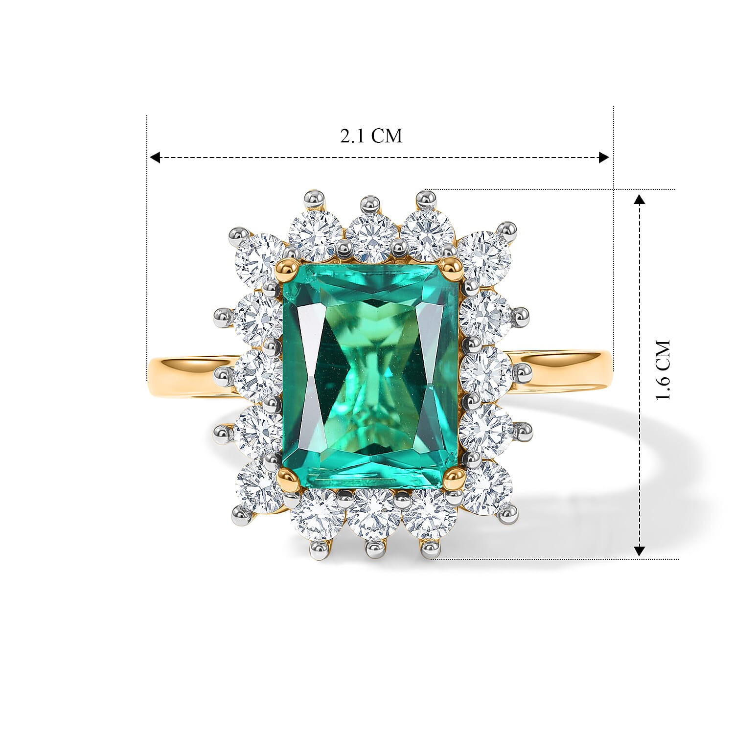 Lab Grown Colombian Emerald (2.0 Cts) & Lab Grown Diamond (SI-G-H) Halo Ring in 18K Vermeil Yellow Gold Plated Sterling Silver 2.75 Ct.