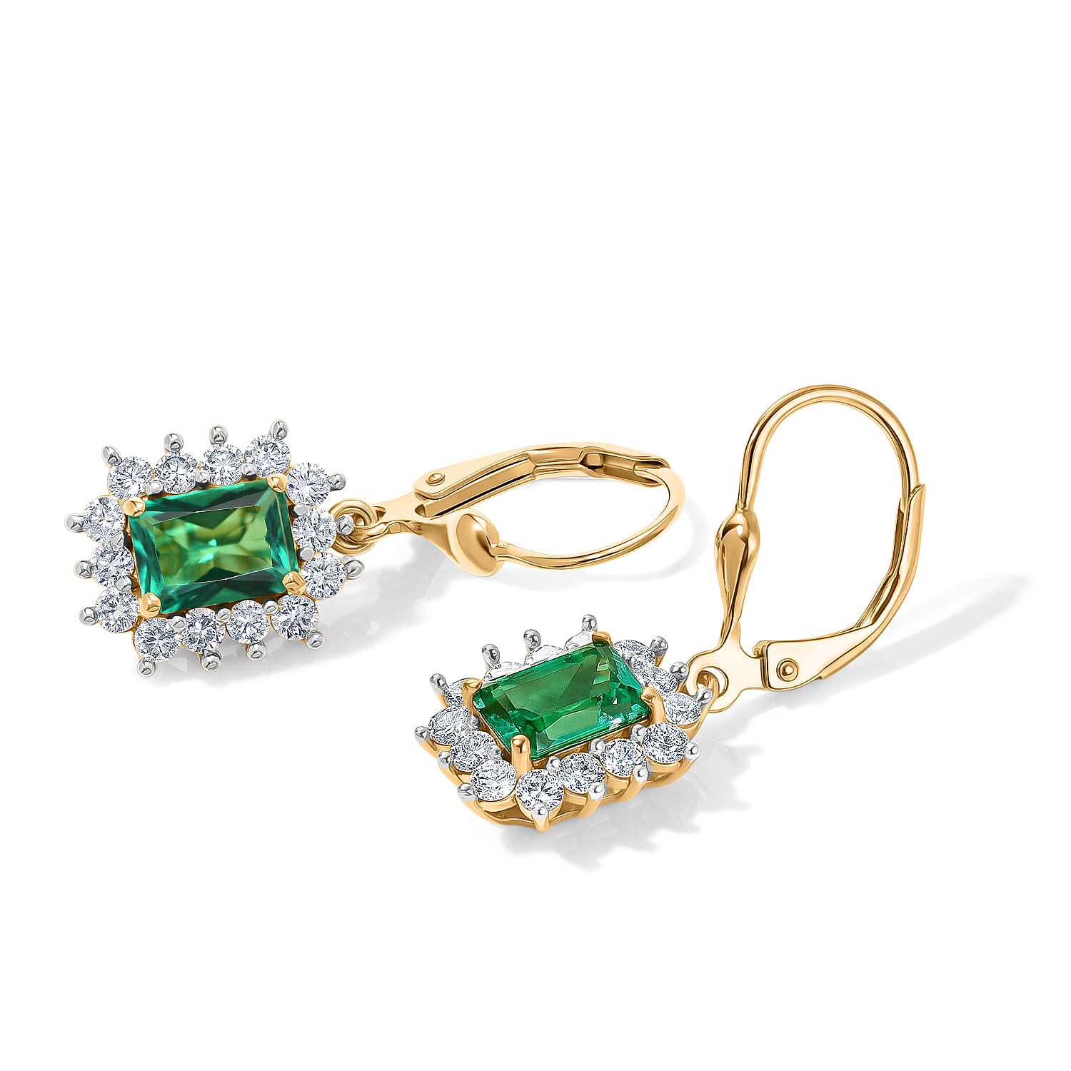 Luxuriant - Lab Grown Columbian Emerald & Lab Grown Diamond (SI-G-H) Earring with Lever Back in 18K Vermeil Yellow Gold Plated Sterling Silver 3.50 Ct.