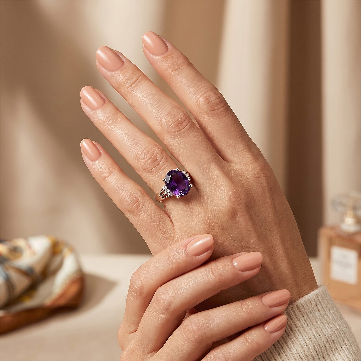 Luxuriant - Natural Moroccan Amethyst & Lab Grown Diamond (SI-G-H) Ring in Rhodium Overlay Sterling Silver 4.50 Ct.