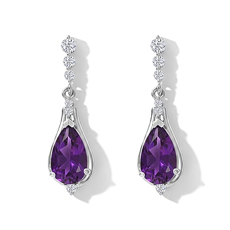D'Joy - Moroccan Amethyst & White Zircon Dangling Earring with Push Back in Platinum Overlay Sterling Silver 3.40 Ct.