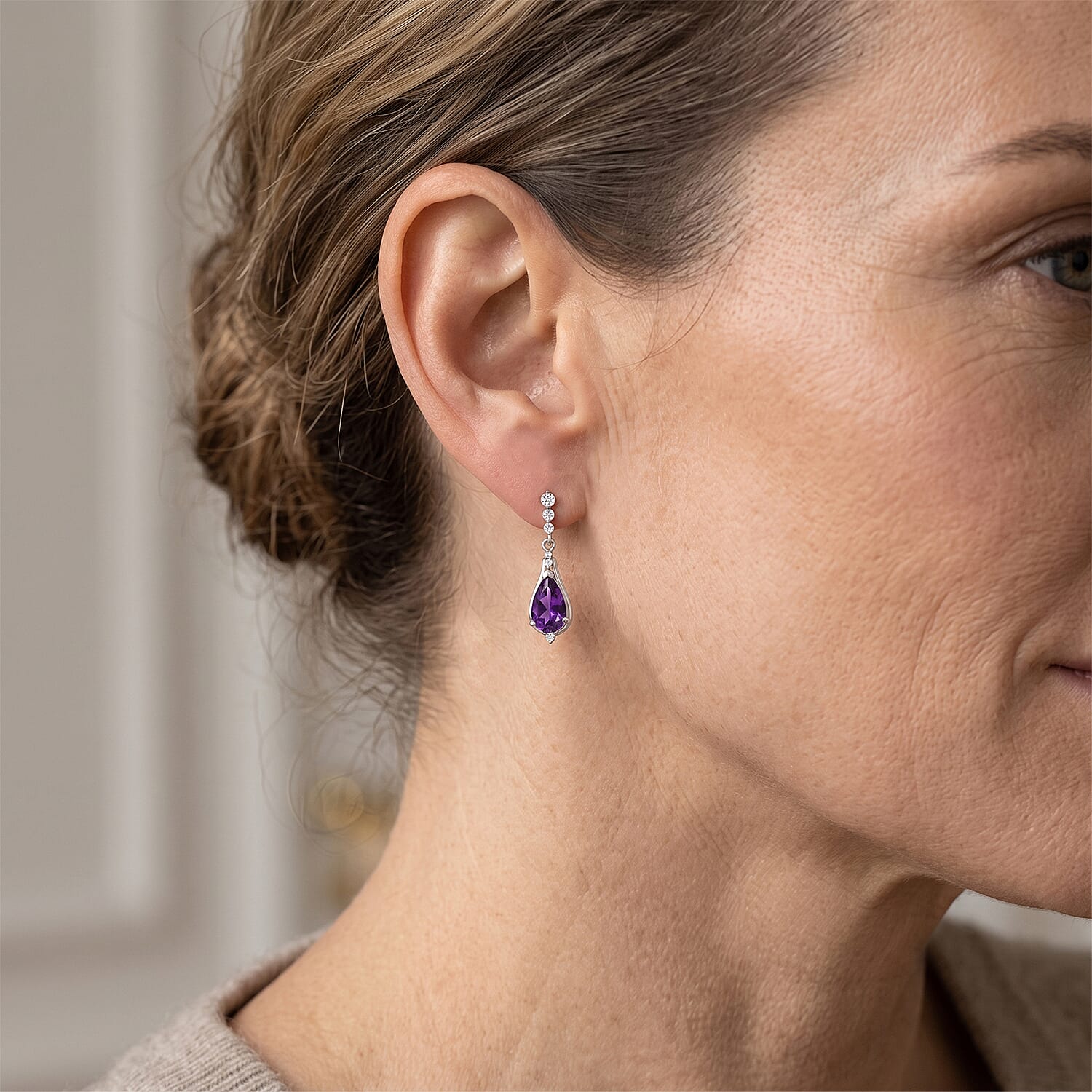 D'Joy - Moroccan Amethyst & White Zircon Dangling Earring with Push Back in Platinum Overlay Sterling Silver 3.40 Ct.