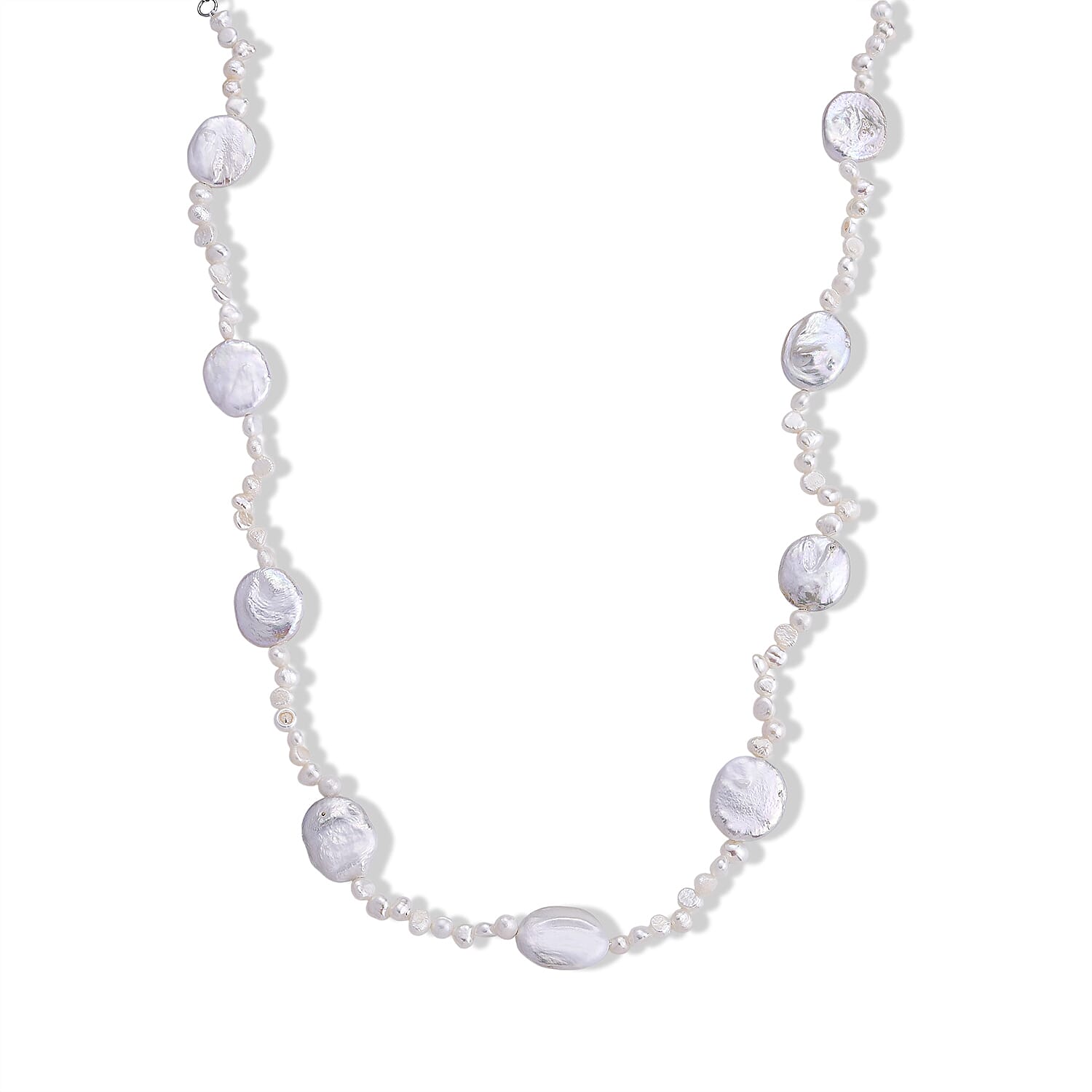 D'Joy - White Keshi Pearl Beads Necklace (Size - 20-2 Ext) in Rhodium Overlay Sterling Silver 120.00 Ct.