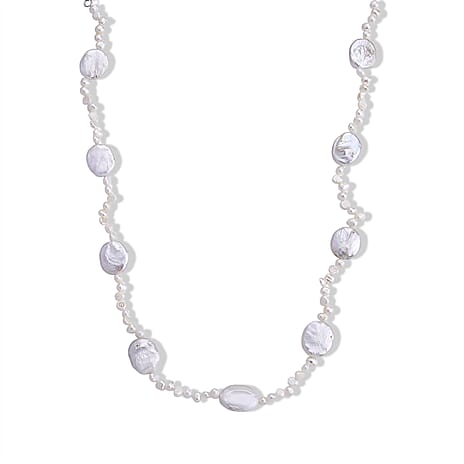 D'Joy - White Keshi Pearl Beads Necklace (Size - 20-2 Ext) in Rhodium Overlay Sterling Silver 120.00 Ct.