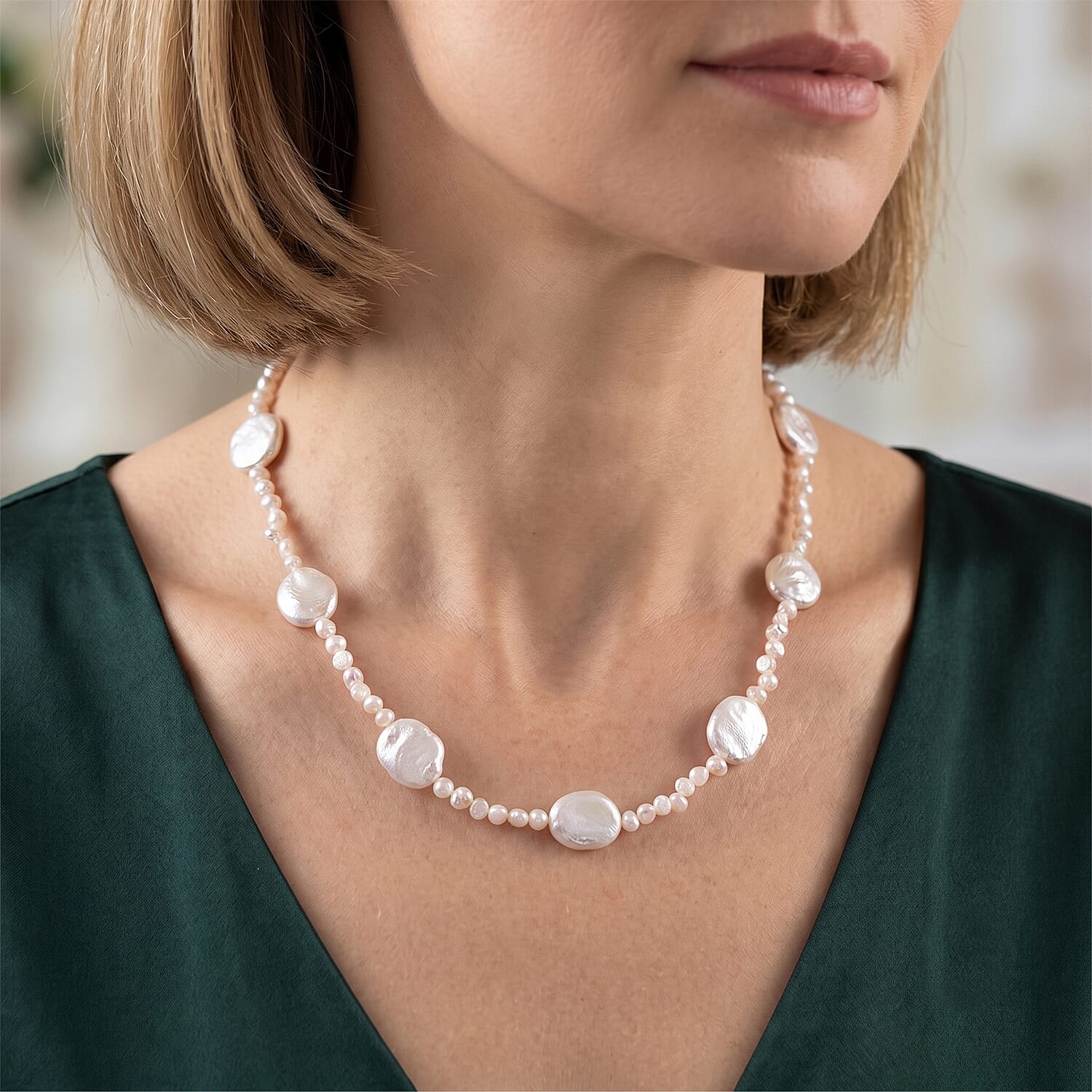 D'Joy - White Keshi Pearl Beads Necklace (Size - 20-2 Ext) in Rhodium Overlay Sterling Silver 120.00 Ct.