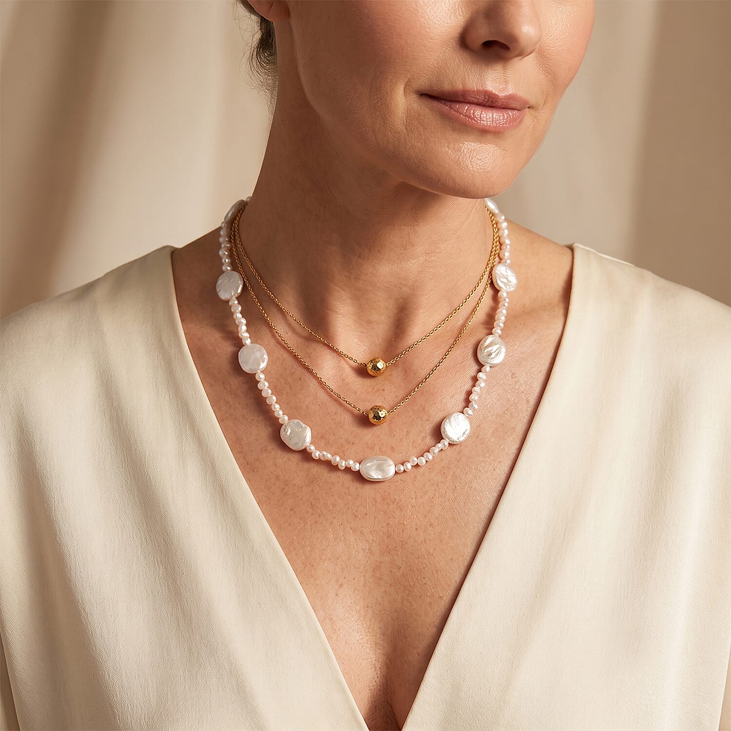 D'Joy - White Keshi Pearl Beads Necklace (Size - 20-2 Ext) in Rhodium Overlay Sterling Silver 120.00 Ct.