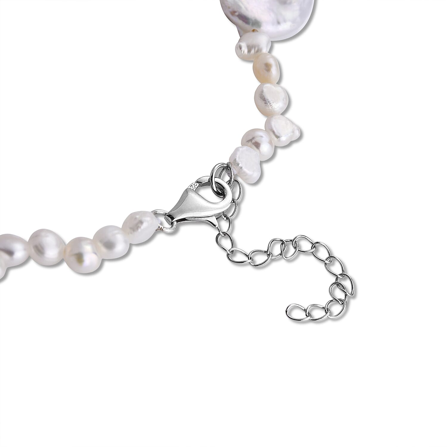 D'Joy - White Keshi Pearl Beads Necklace (Size - 20-2 Ext) in Rhodium Overlay Sterling Silver 120.00 Ct.