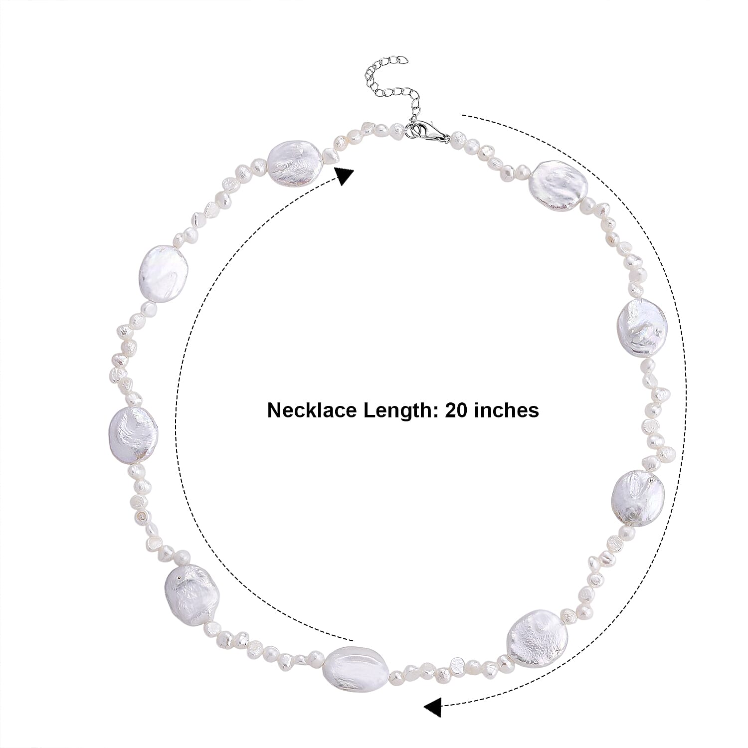 D'Joy - White Keshi Pearl Beads Necklace (Size - 20-2 Ext) in Rhodium Overlay Sterling Silver 120.00 Ct.