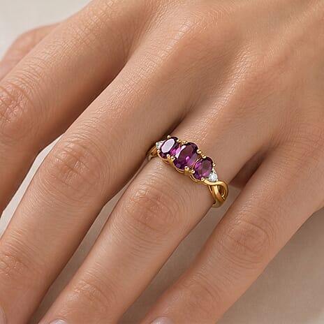 Luxuriant - Natural Radiant Ember Garnet & Lab Grown Diamond (SI-G-H) Trilogy Ring in 18K Vermeil Yellow Gold Plated Sterling Silver 2.24 Ct.