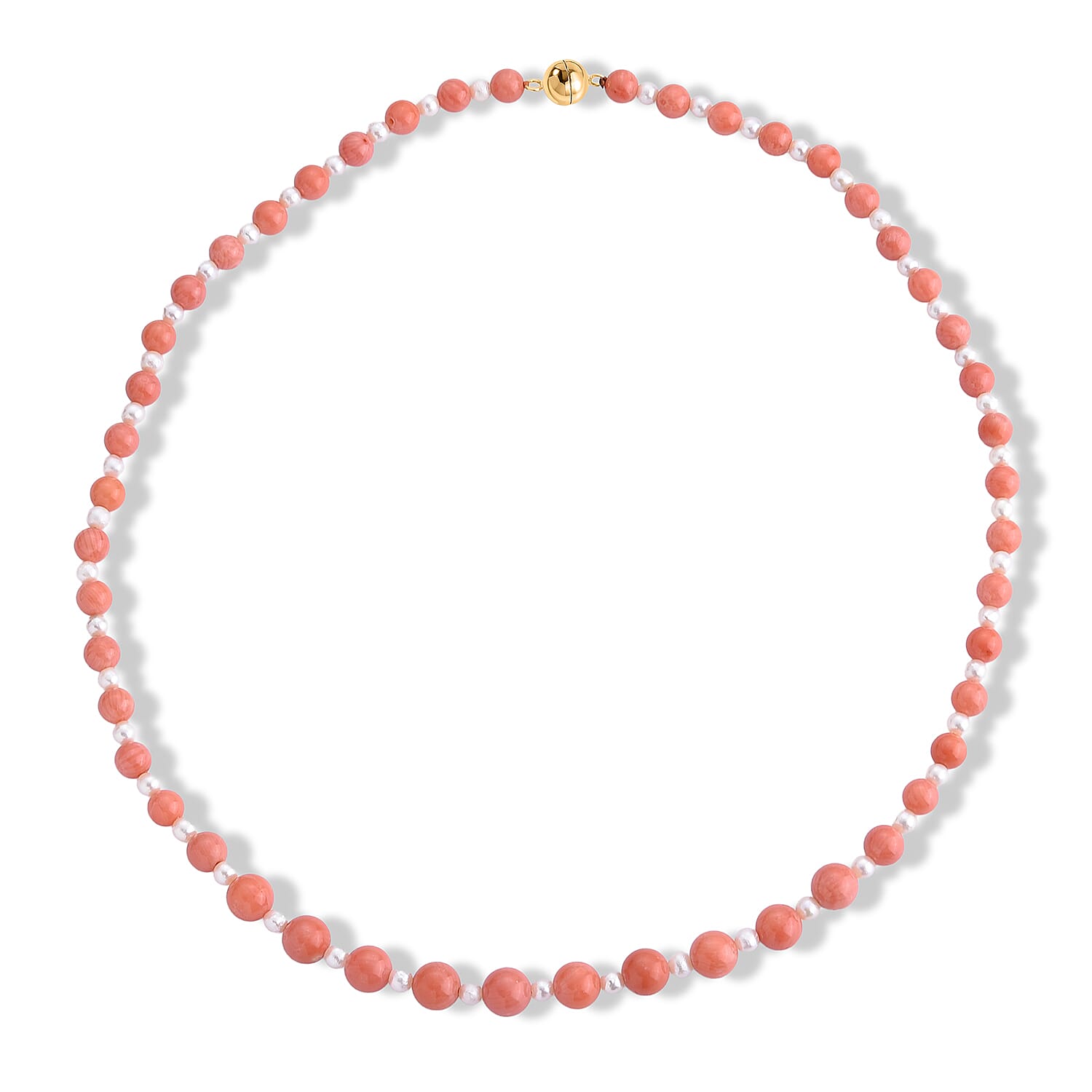 D'Joy - Living Coral Color Bamboo Coral & White Fresh Water Pearl Beads Necklace (Size - 20) in Yellow Gold Plated Sterling Silver  120.00 Ct.