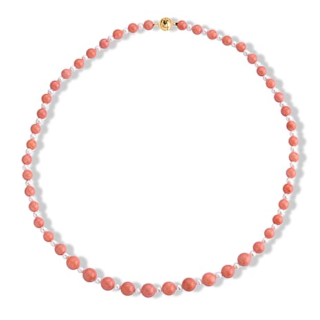 D'Joy - Living Coral Color Bamboo Coral & White Fresh Water Pearl Beads Necklace (Size - 20) in Yellow Gold Plated Sterling Silver  120.00 Ct.