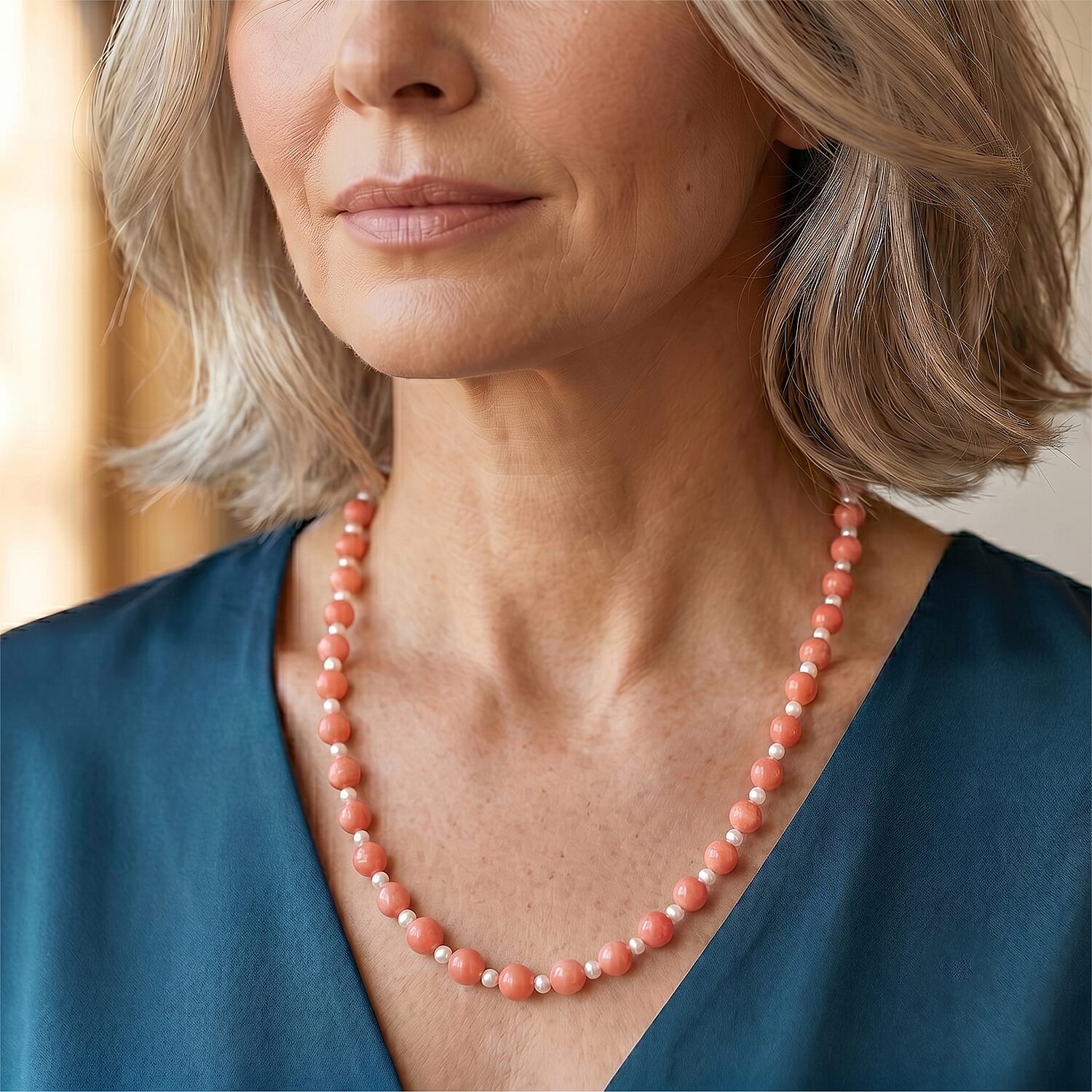 D'Joy - Living Coral Color Bamboo Coral & White Fresh Water Pearl Beads Necklace (Size - 20) in Yellow Gold Plated Sterling Silver  120.00 Ct.
