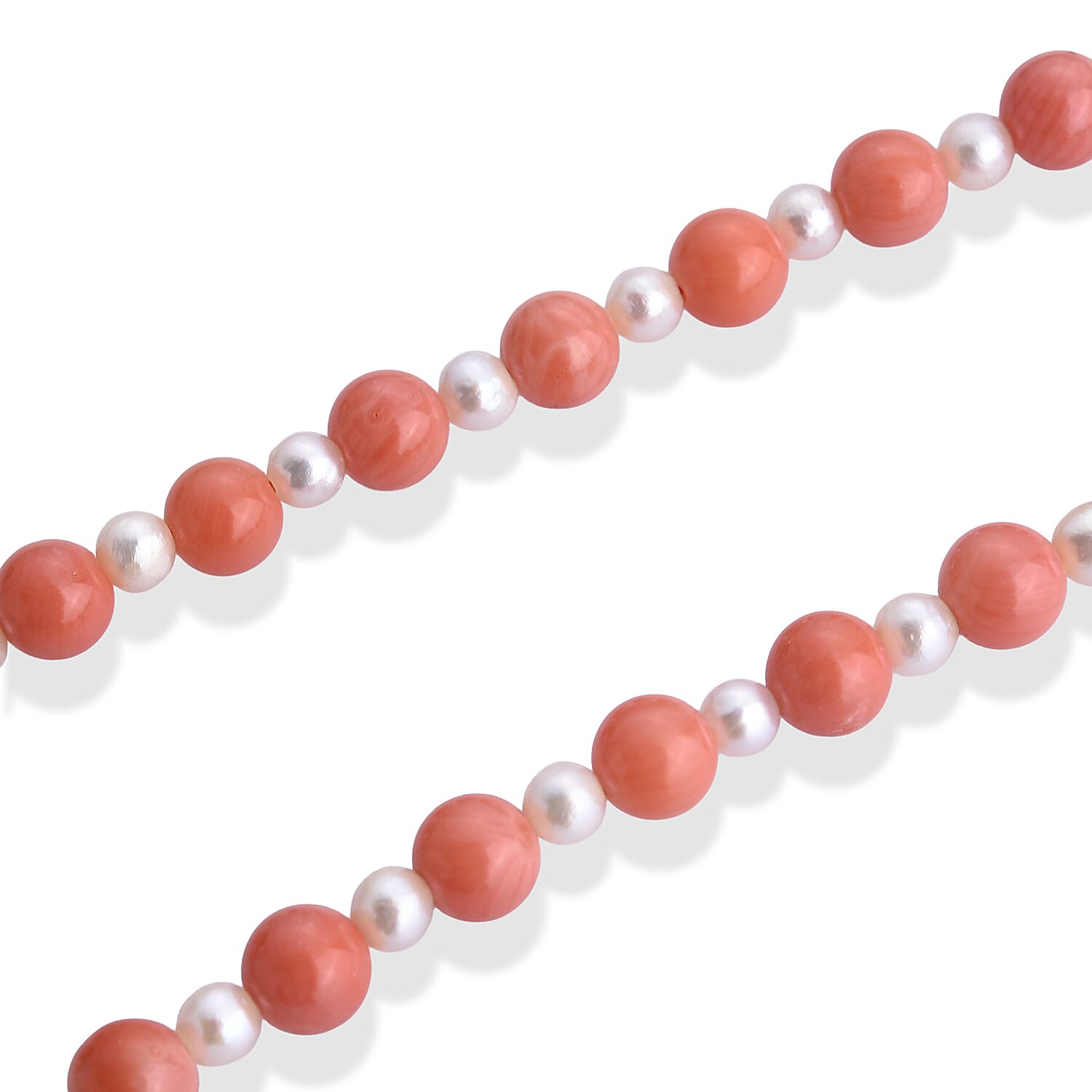 D'Joy - Living Coral Color Bamboo Coral & White Fresh Water Pearl Beads Necklace (Size - 20) in Yellow Gold Plated Sterling Silver  120.00 Ct.