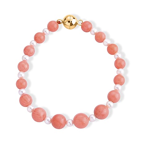 D'Joy - Living Coral Color Bamboo Coral & White Fresh Water Pearl Beads Bracelet (Size - 7.5) in Yellow Gold Plated Sterling Silver 40.00 Ct.