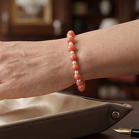 Bamboo Coral & White Fresh Water Pearl Beads Bracelet (Size - 7.5) in Yellow Gold Plated Sterling Silver