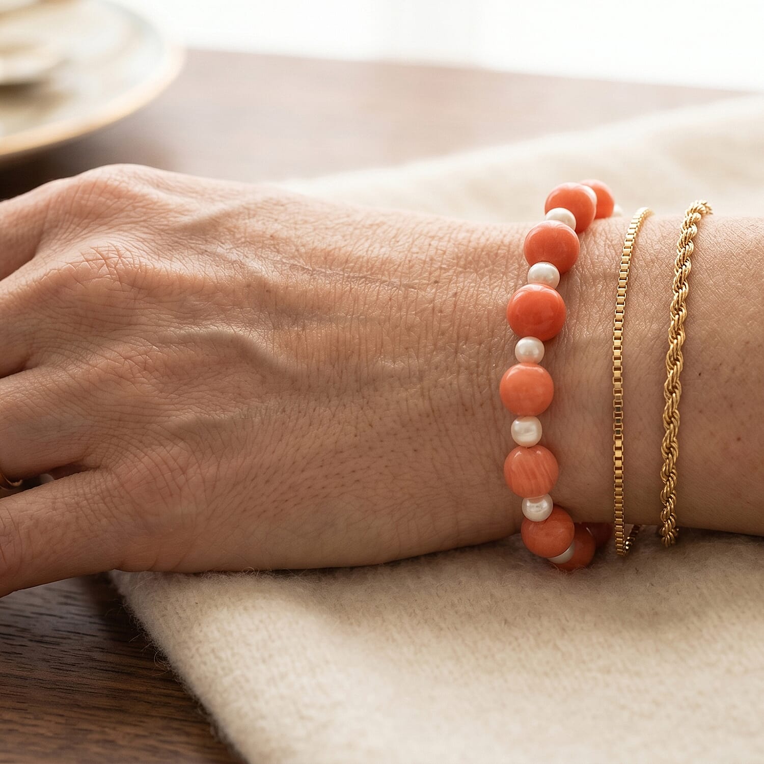 D'Joy - Living Coral Color Bamboo Coral & White Fresh Water Pearl Beads Bracelet (Size - 7.5) in Yellow Gold Plated Sterling Silver 40.00 Ct.