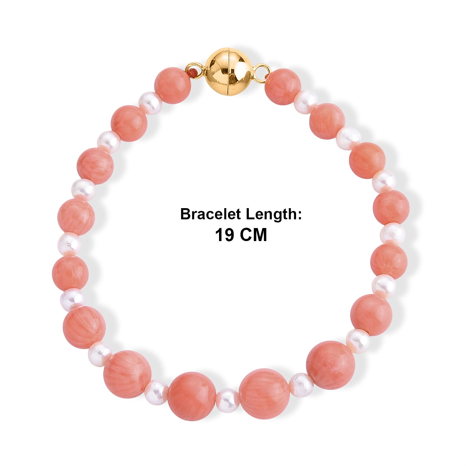 D'Joy - Living Coral Color Bamboo Coral & White Fresh Water Pearl Beads Bracelet (Size - 7.5) in Yellow Gold Plated Sterling Silver 40.00 Ct.