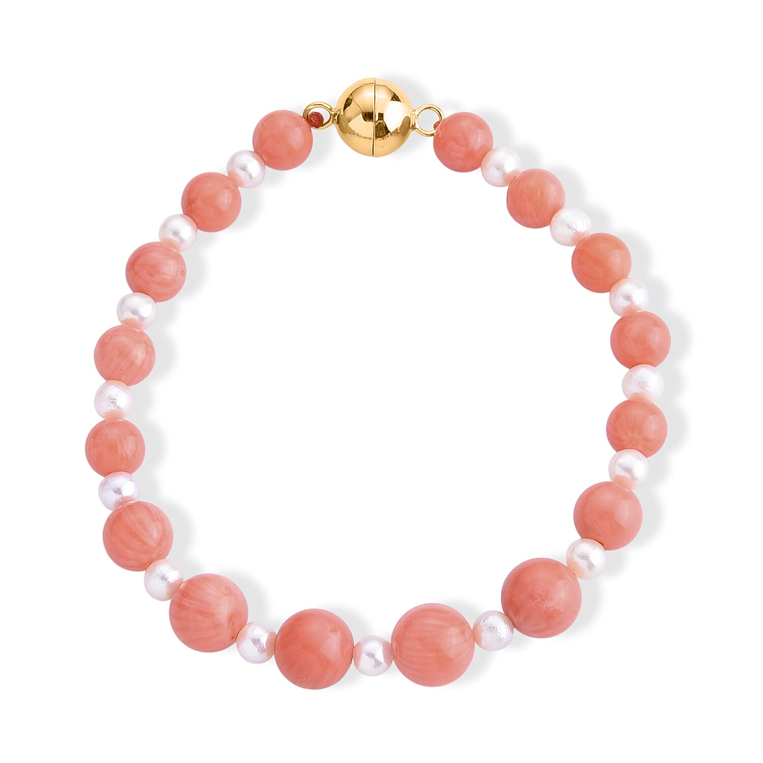 D'Joy - Living Coral Color Bamboo Coral & White Fresh Water Pearl Beads Bracelet (Size - 8) in Yellow Gold Plated Sterling Silver 40.00 Ct.