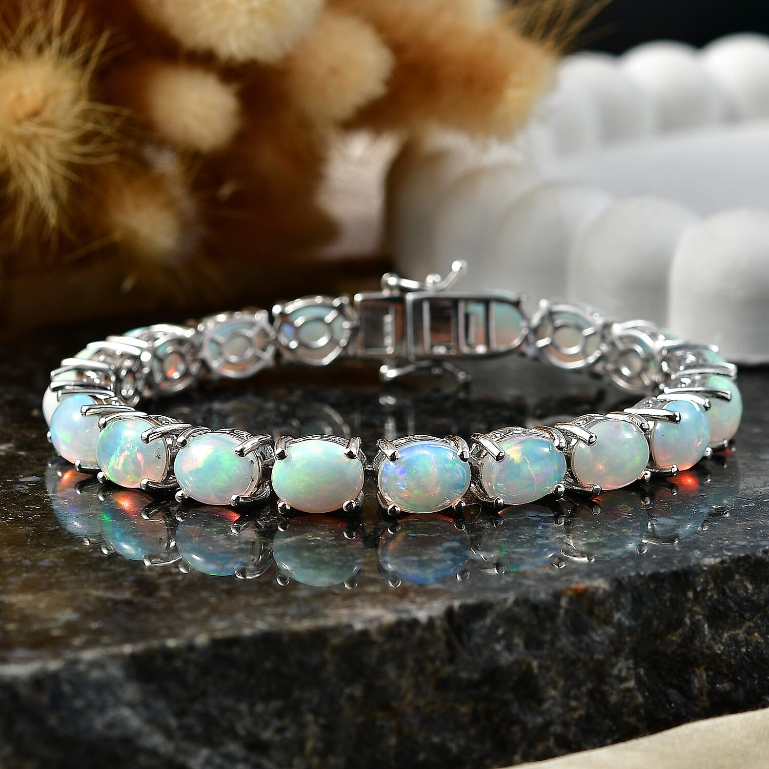 Royal Bali Collection - D'Joy Ethiopian Opal Bangle (Size - 7) in Rhodium Overlay Sterling Silver 21.60 Ct, Silver Wt. 17.67 Gms