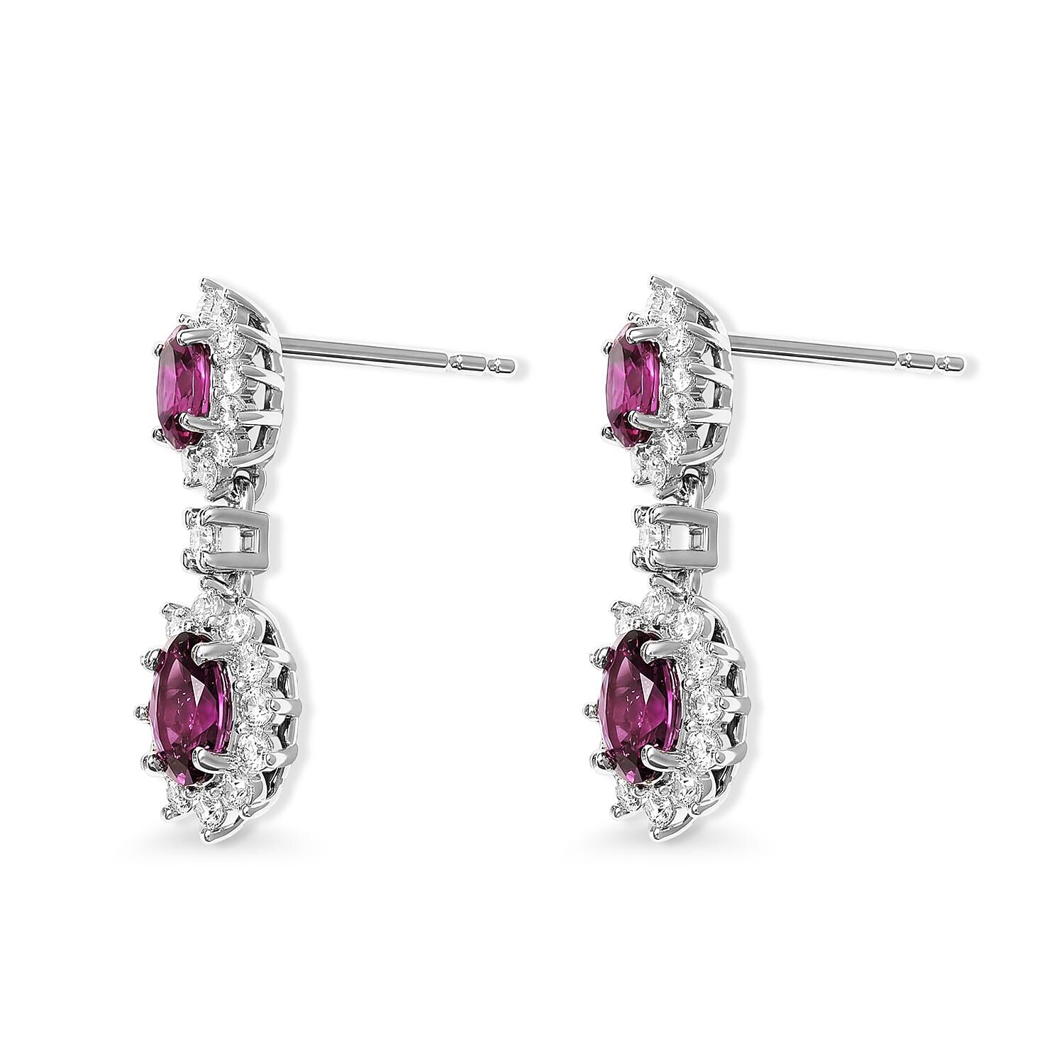D'Joy - Radiant Ember Garnet & White Zircon Dangling Earring with Push Post in Rhodium Overlay Sterling Silver 2.83 Ct.