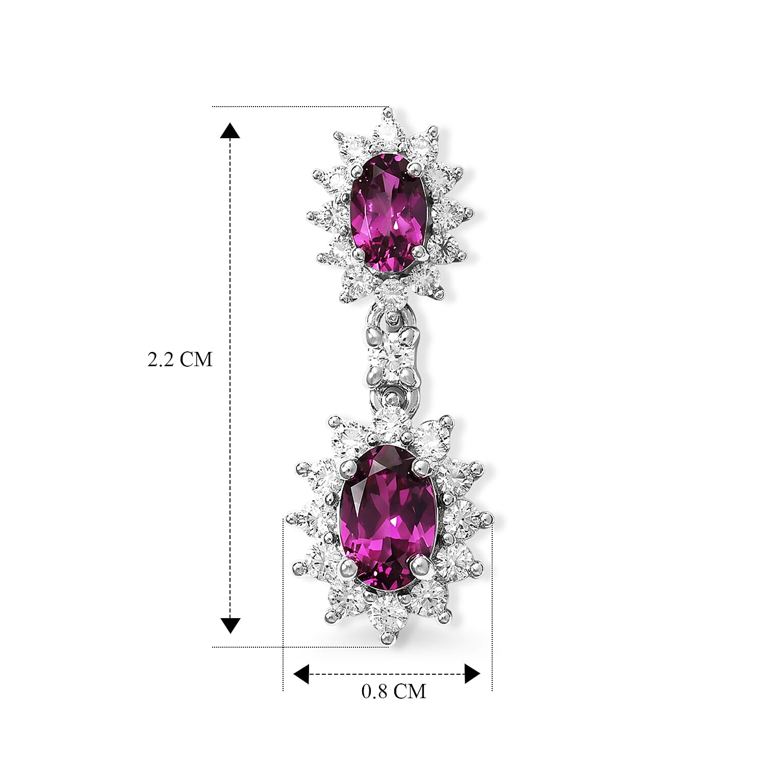 D'Joy - Radiant Ember Garnet & White Zircon Dangling Earring with Push Post in Rhodium Overlay Sterling Silver 2.83 Ct.