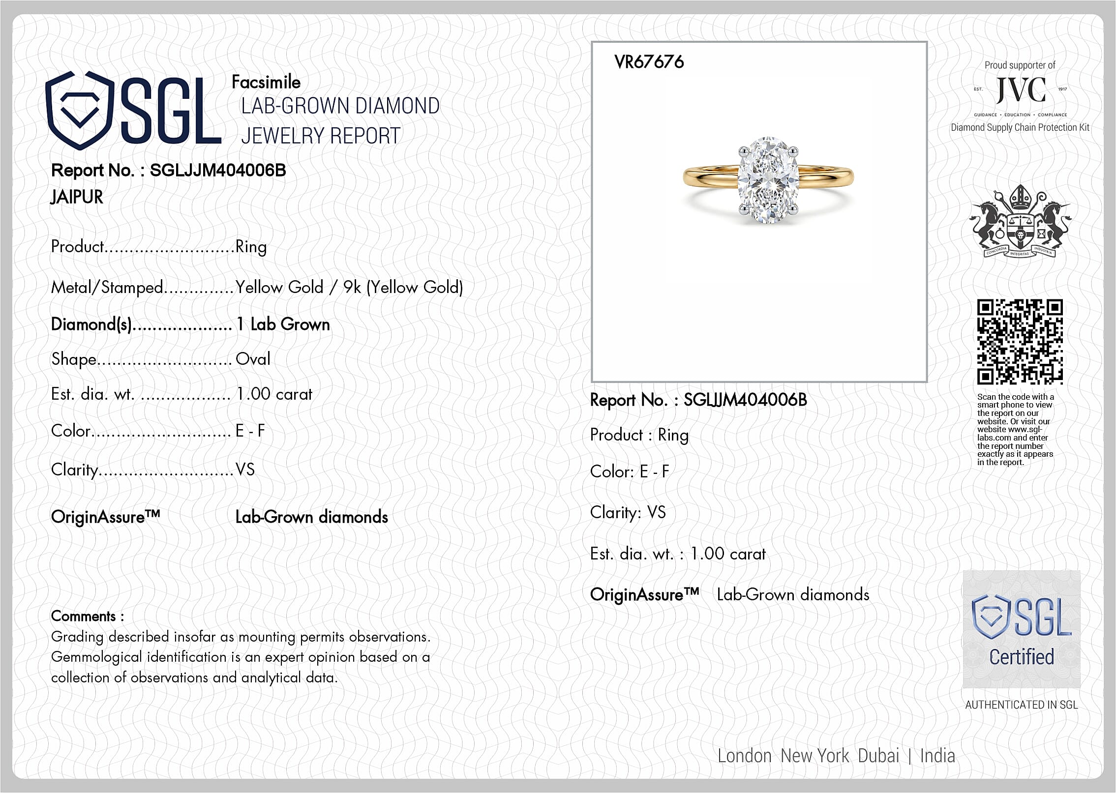 Luxuriant - 9K Yellow Gold SGL Certified Lab Grown Diamond (VS-E-F) Solitaire Ring 1.00 Ct.