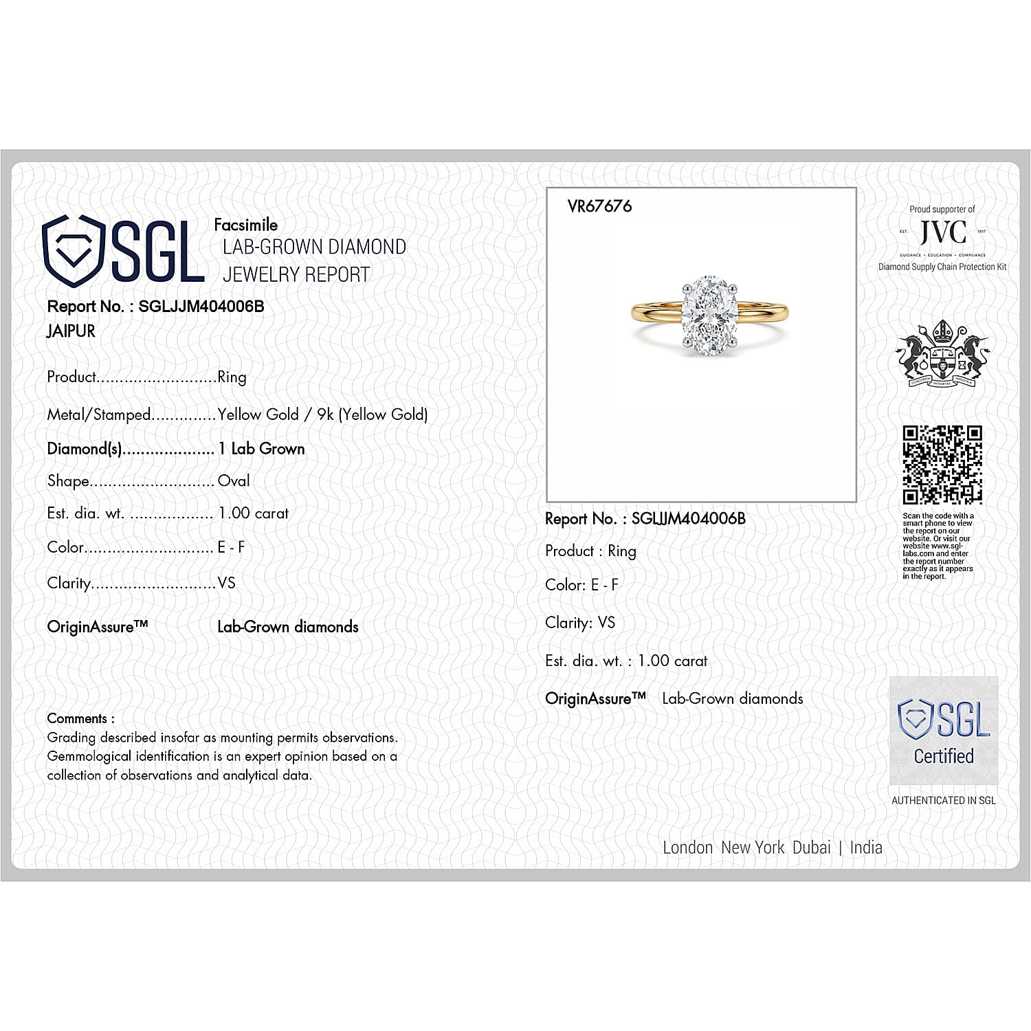 LUXURIANT - 9K Yellow Gold SGL Certified Lab Grown Diamond (VS-E-F) Solitaire Ring 1.00 Ct.