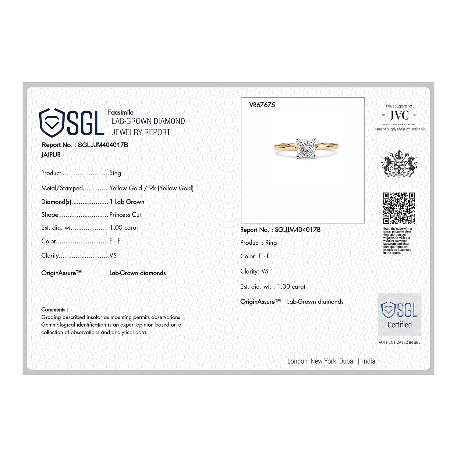 Luxuriant - 9K Yellow Gold SGL Certified Lab Grown Diamond (VS-E-F) Solitaire Ring 1.00 Ct.