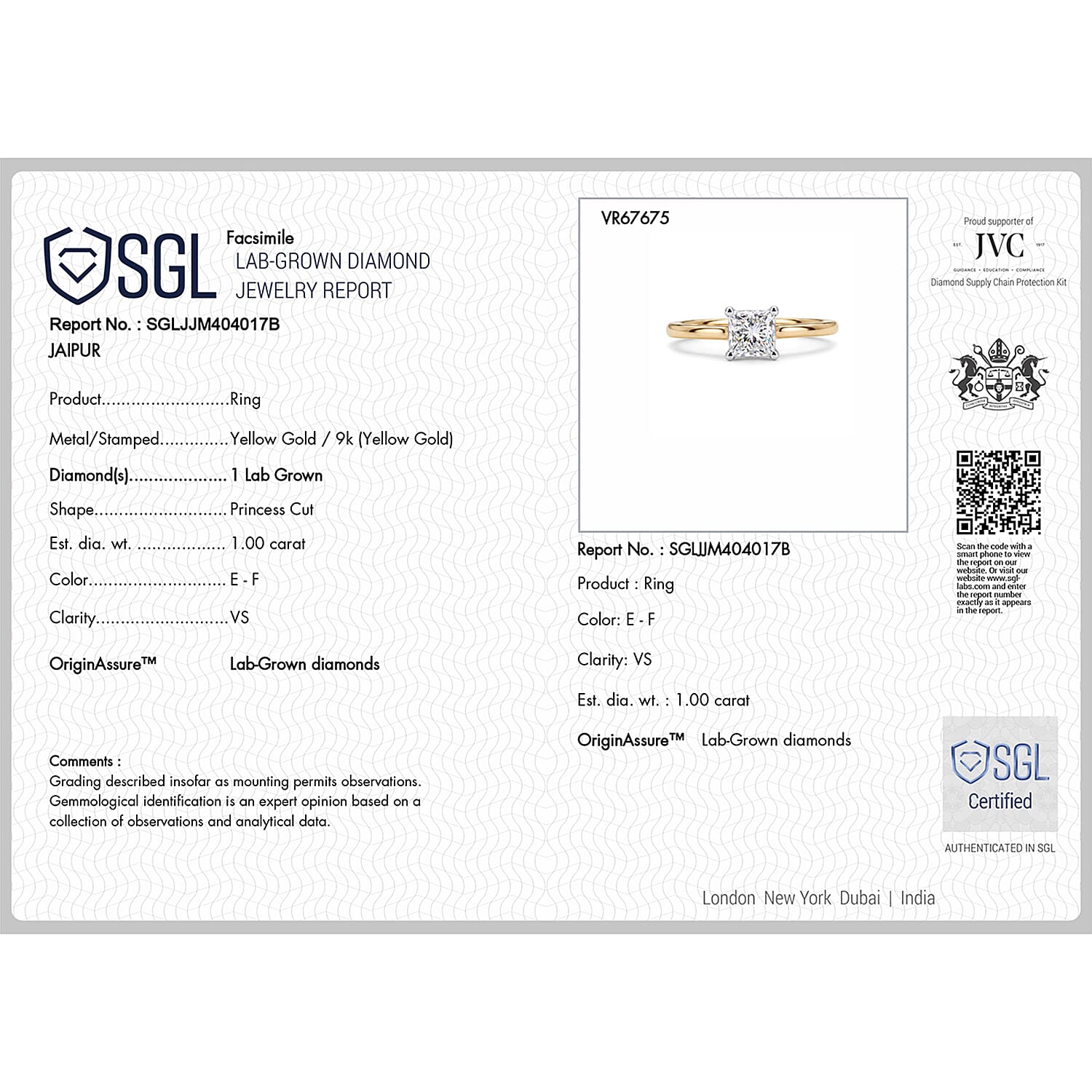 LUXURIANT - 9K Yellow Gold SGL Certified Lab Grown Diamond (VS-E-F) Solitaire Ring 1.00 Ct.